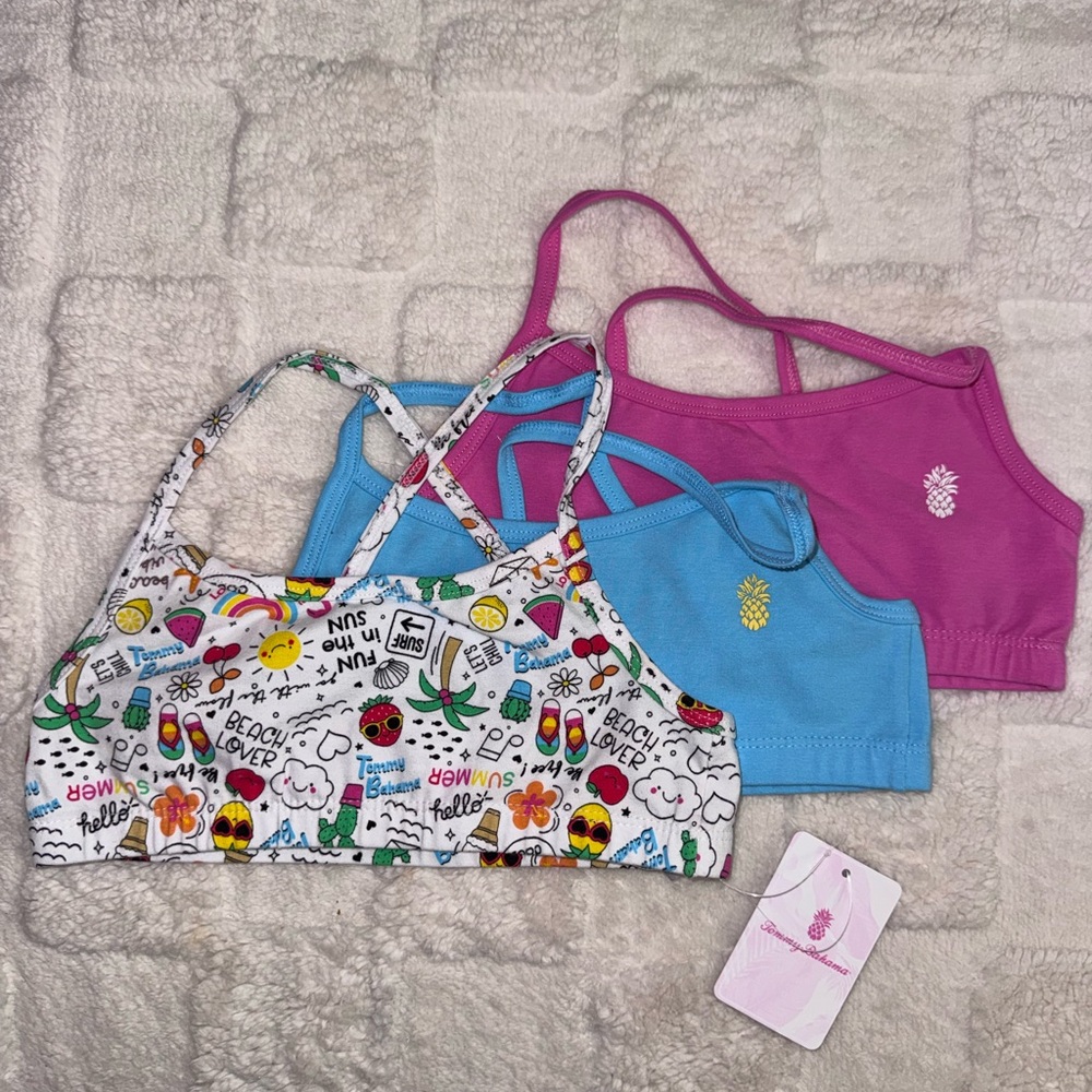 Tommy Bahama Kids Pink Blue White Tropical Print Sports Bras (3-Pack)